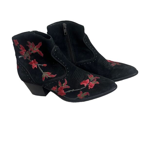 ASH Black Suede Embroidered Ankle Boots Size 37/6.5 Western Floral Zip Booties - Picture 9 of 9